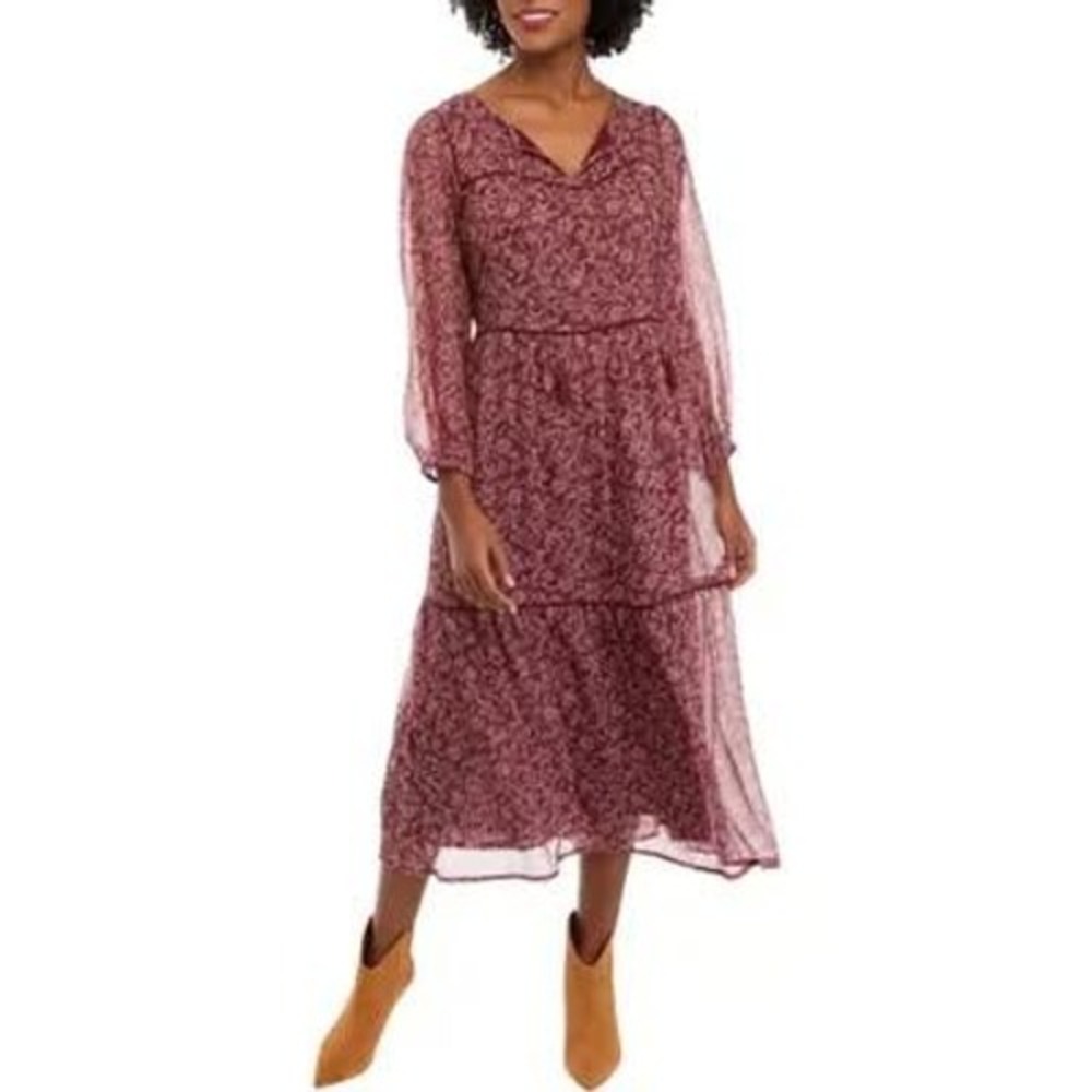 Lucky Brand Floral Print Midi Dress Burgundy Long‎ Sleeve Tiered V Neck xl
